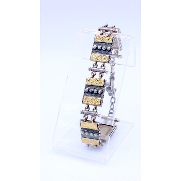 RIR-D 18K Sterling Silver Bracelet Link 5 Scroll Panels Toggle Clasp FREE Ship
